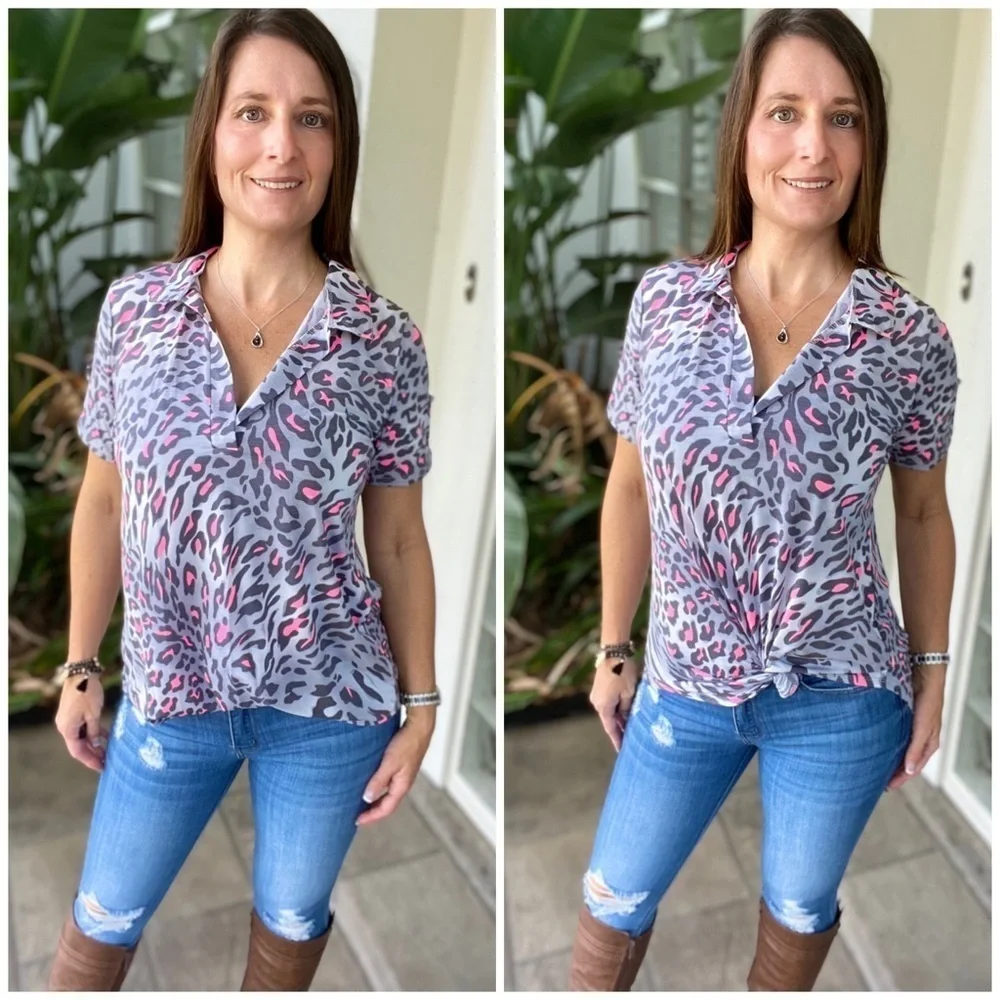 ❤️‍🔥Leopard V-Neck Collar Tab Button Gray Pink 4420